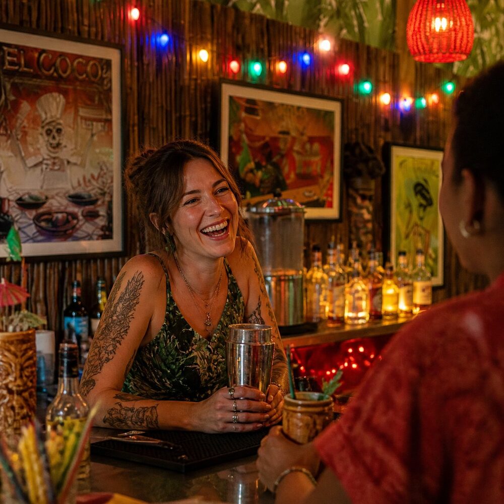 AI-generated tiki bar interior with bartender