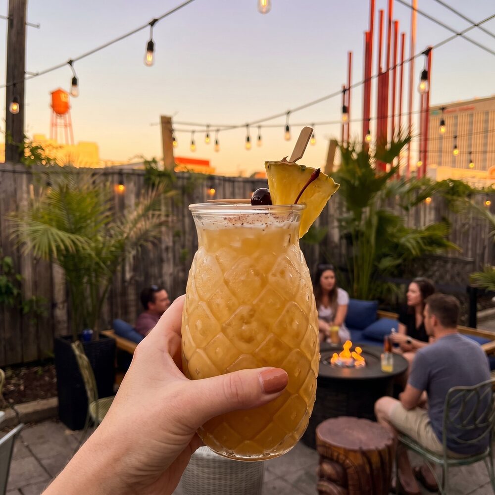 AI-generated rooftop cocktail at sunset