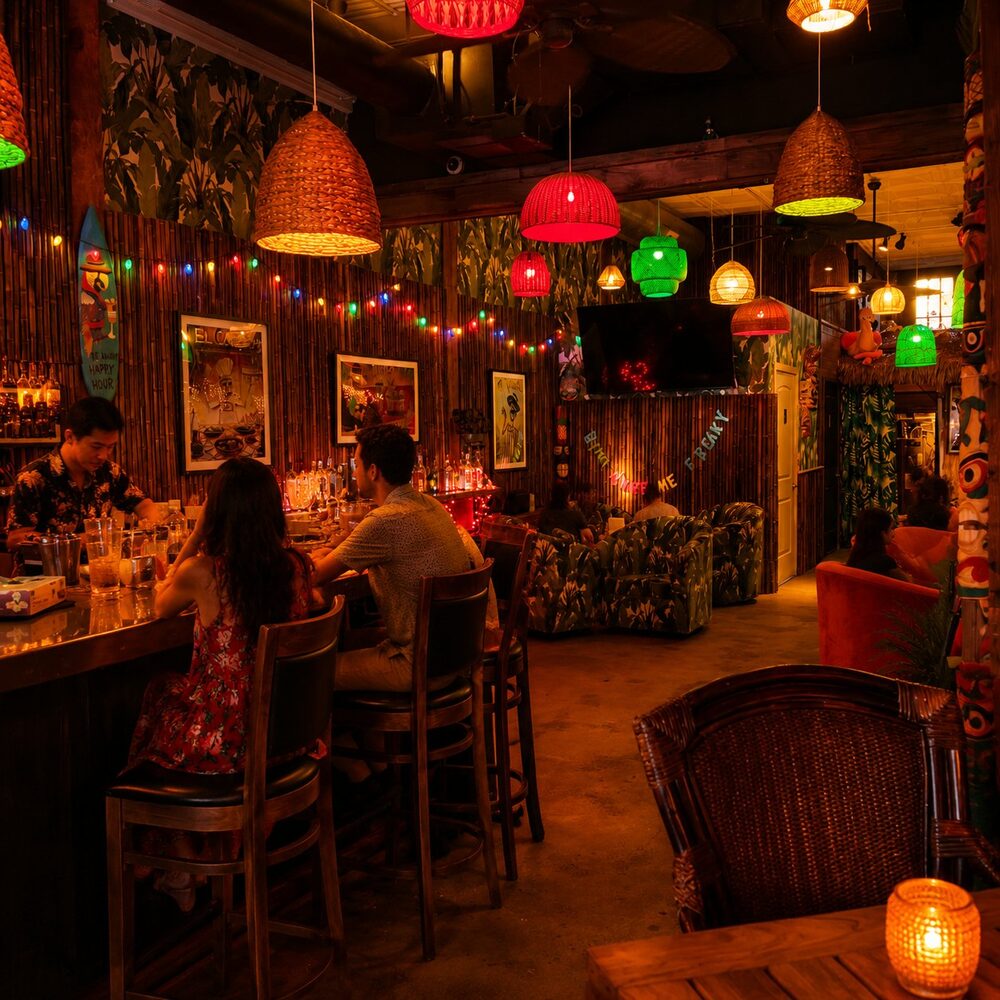 AI-generated wide shot of tiki bar interior