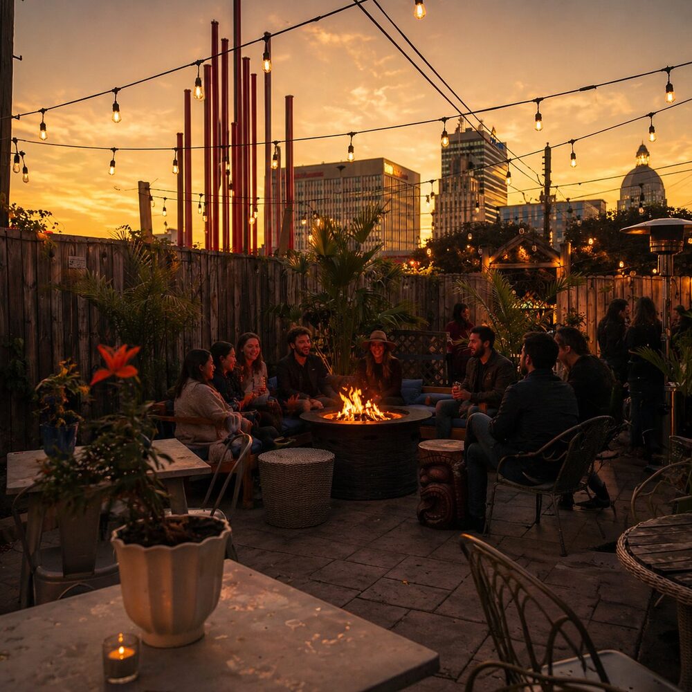 AI-generated rooftop patio at sunset